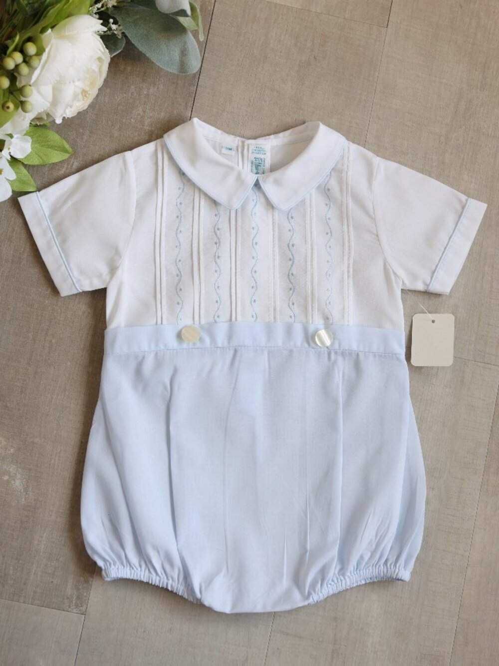 Heirloom Blue White Romper Embroidered Mock Creeper Feltman Brothers 9M NWT